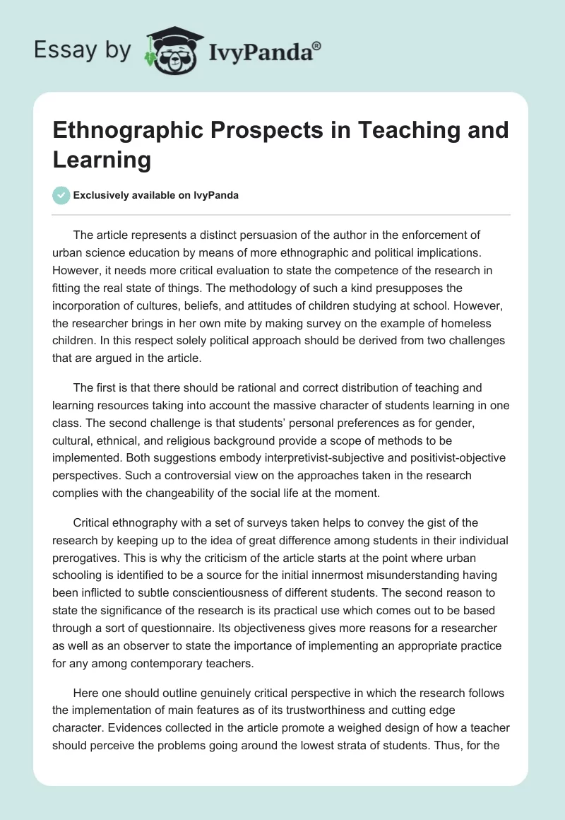 Ethnographic Prospects in Teaching and Learning. Page 1