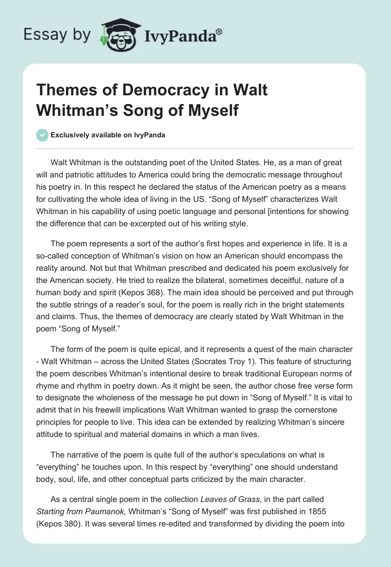 Themes of Democracy in Walt Whitman’s "Song of Myself". Page 1
