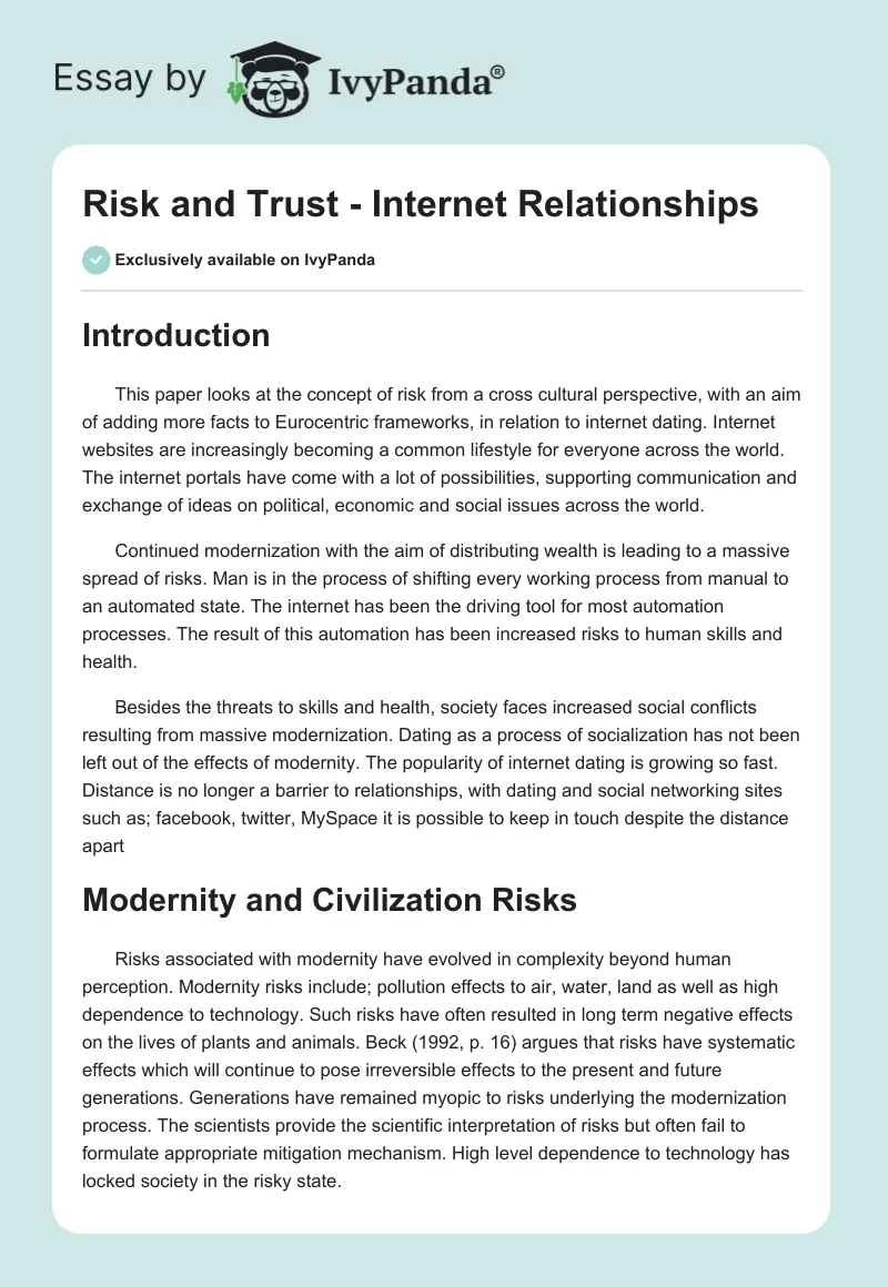 Risk and Trust - Internet Relationships. Page 1