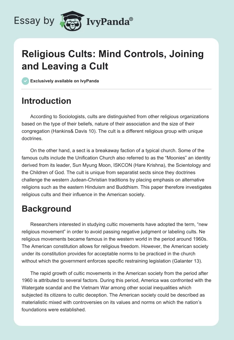 Religious Cults: Mind Controls, Joining and Leaving a Cult. Page 1