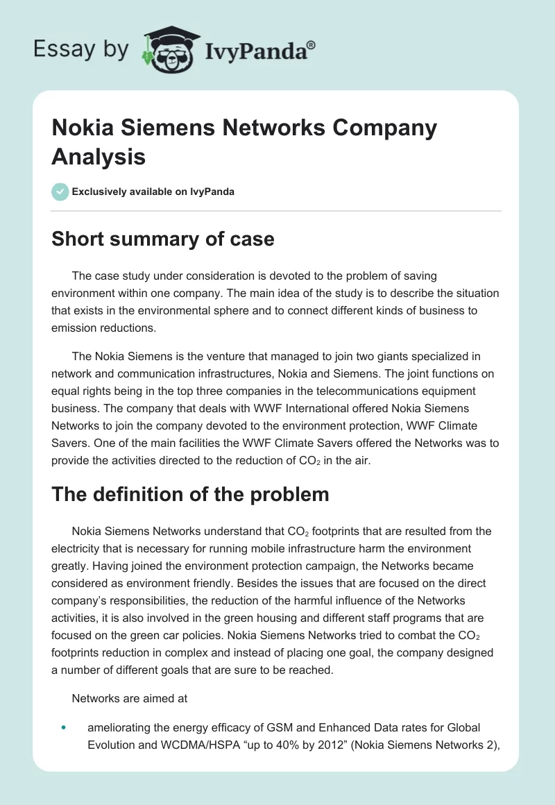 Nokia Siemens Networks Company Analysis. Page 1