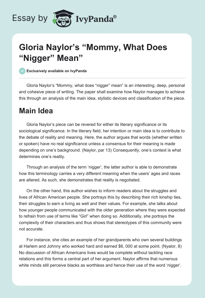 Gloria Naylor’s “Mommy, What Does “Nigger” Mean”. Page 1
