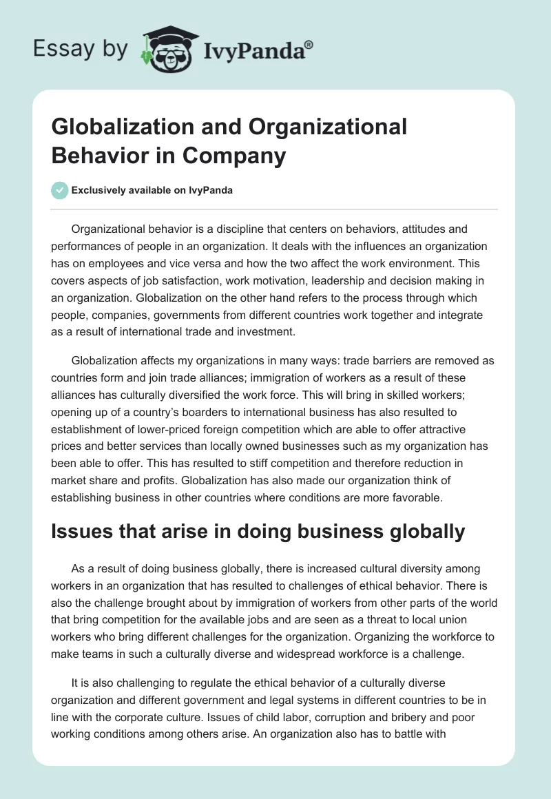 Globalization and Organizational Behavior in Company. Page 1
