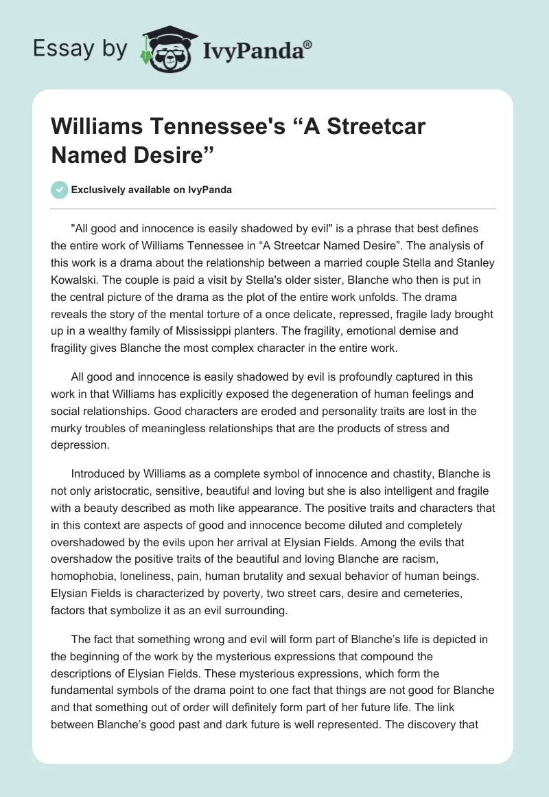 streetcar named desire example essays