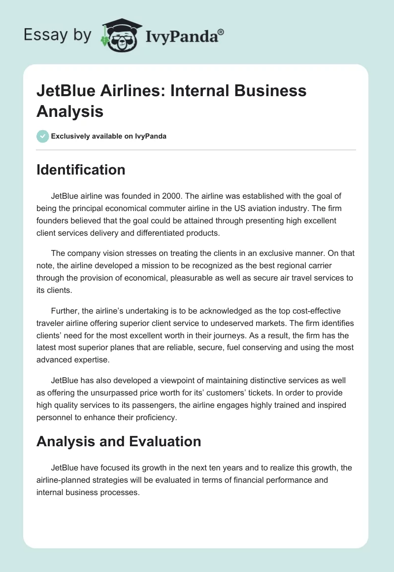 JetBlue Airlines: Internal Business Analysis. Page 1