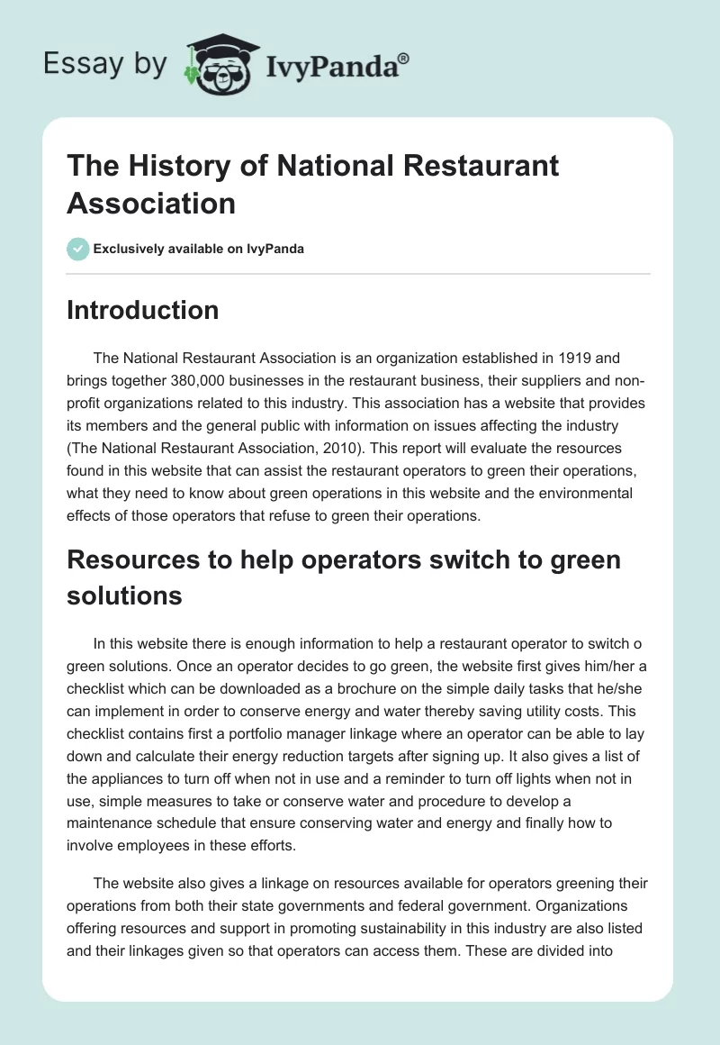 The History of National Restaurant Association. Page 1