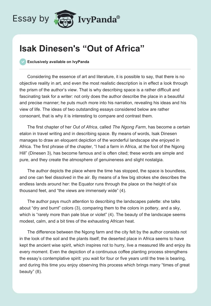Isak Dinesen's “Out of Africa”. Page 1
