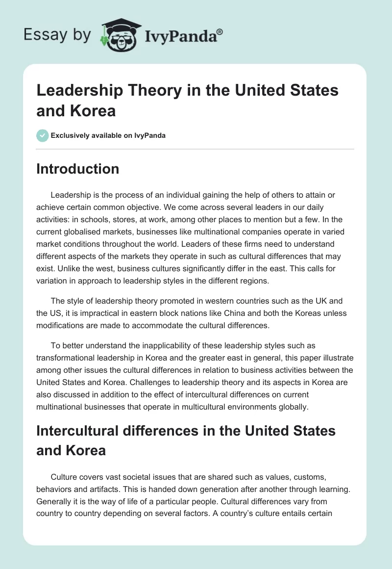 Leadership Theory in the United States and Korea. Page 1