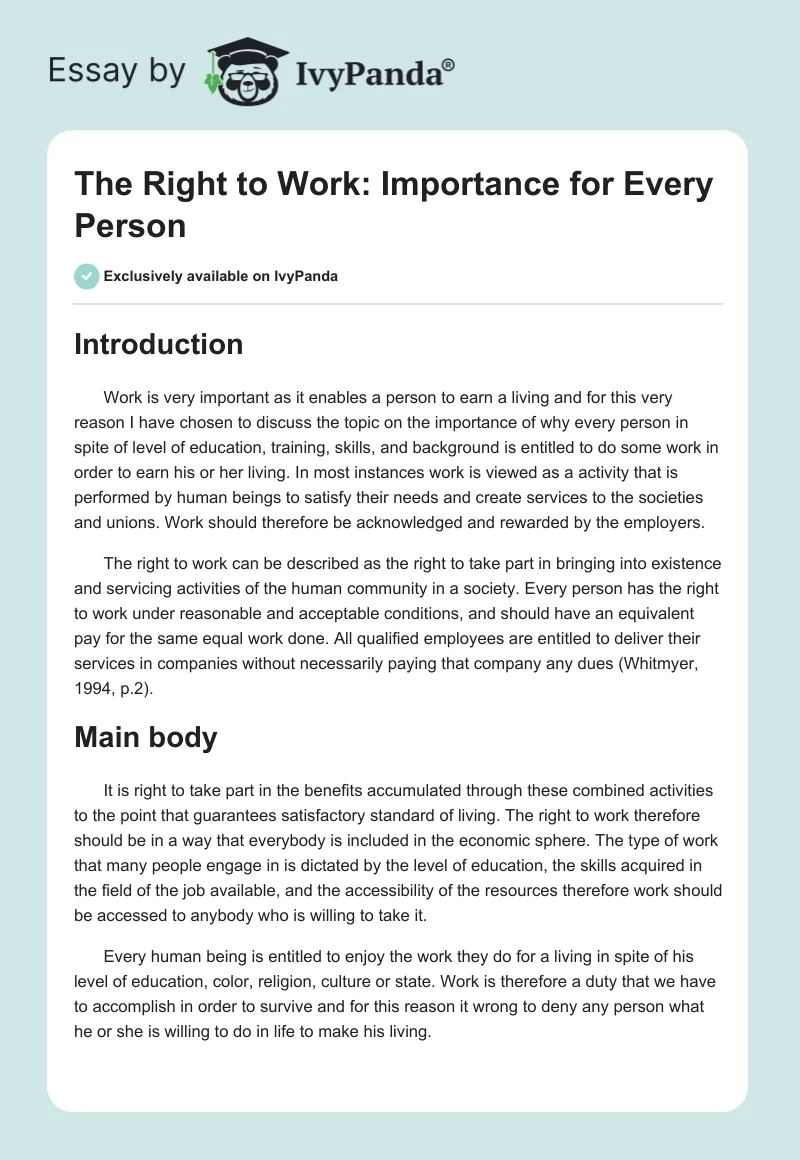 The Right to Work: Importance for Every Person. Page 1