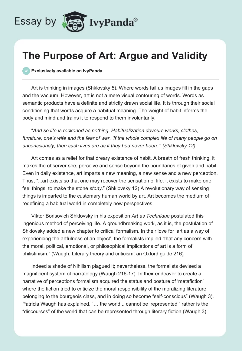 The Purpose of Art: Argue and Validity. Page 1