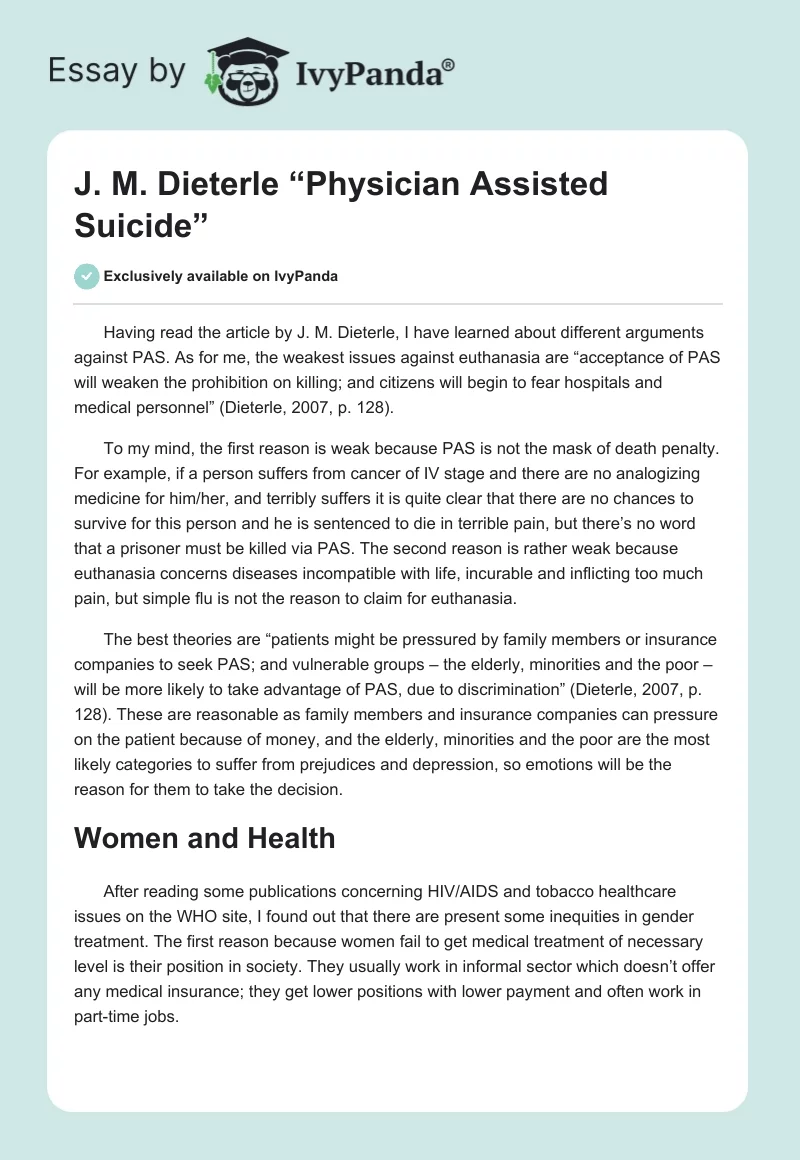 J. M. Dieterle “Physician Assisted Suicide”. Page 1