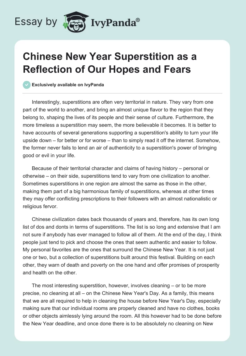 Chinese New Year Superstition as a Reflection of Our Hopes and Fears. Page 1