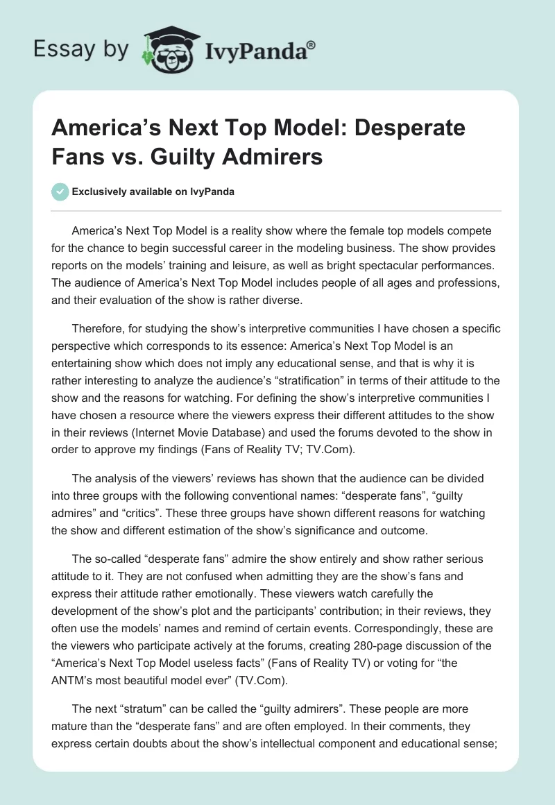 America’s Next Top Model: Desperate Fans vs. Guilty Admirers. Page 1