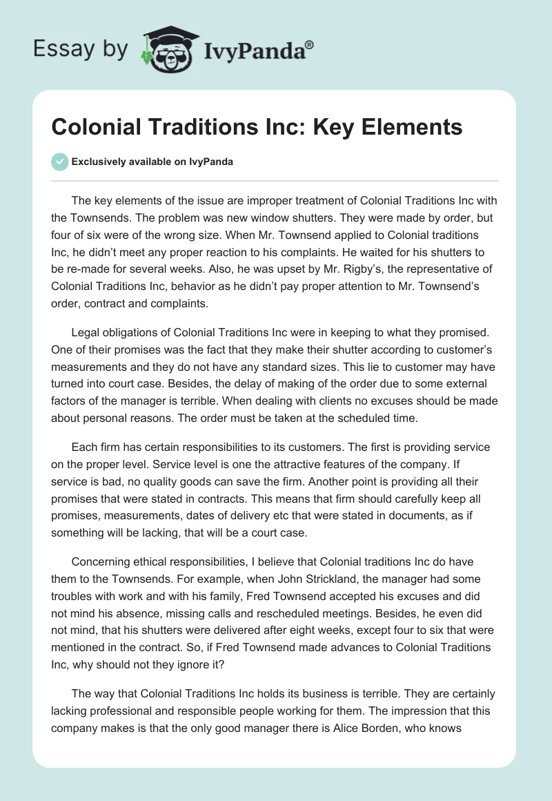 Colonial Traditions Inc: Key Elements. Page 1