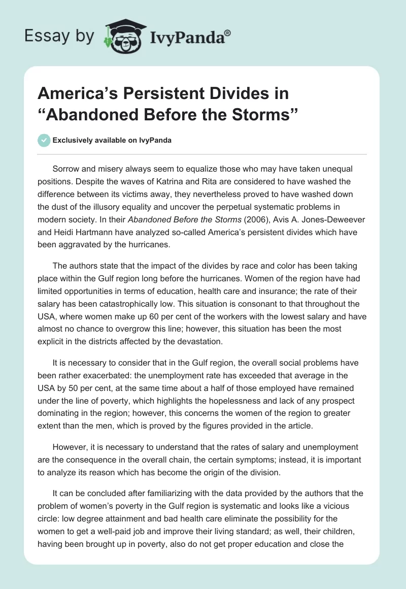 America’s Persistent Divides in “Abandoned Before the Storms”. Page 1