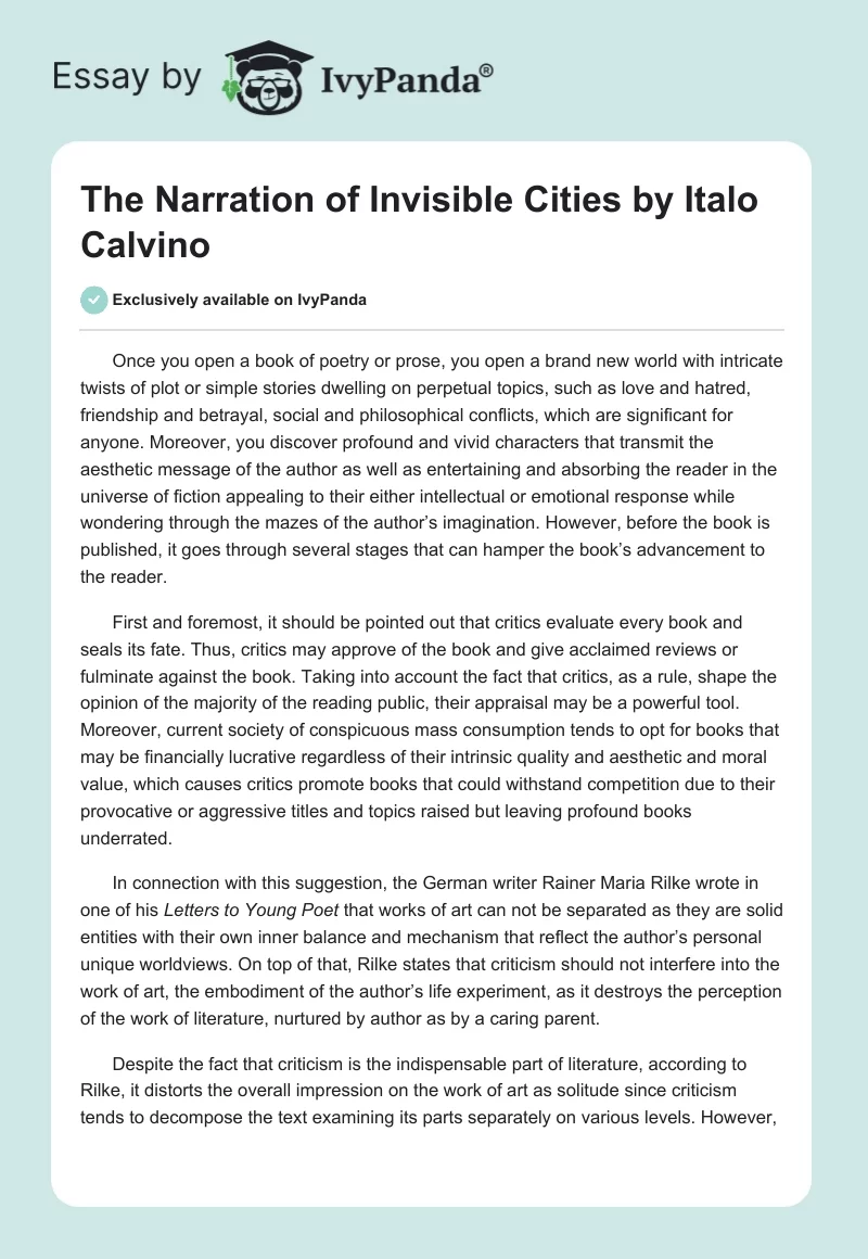 The Narration of "Invisible Cities" by Italo Calvino. Page 1