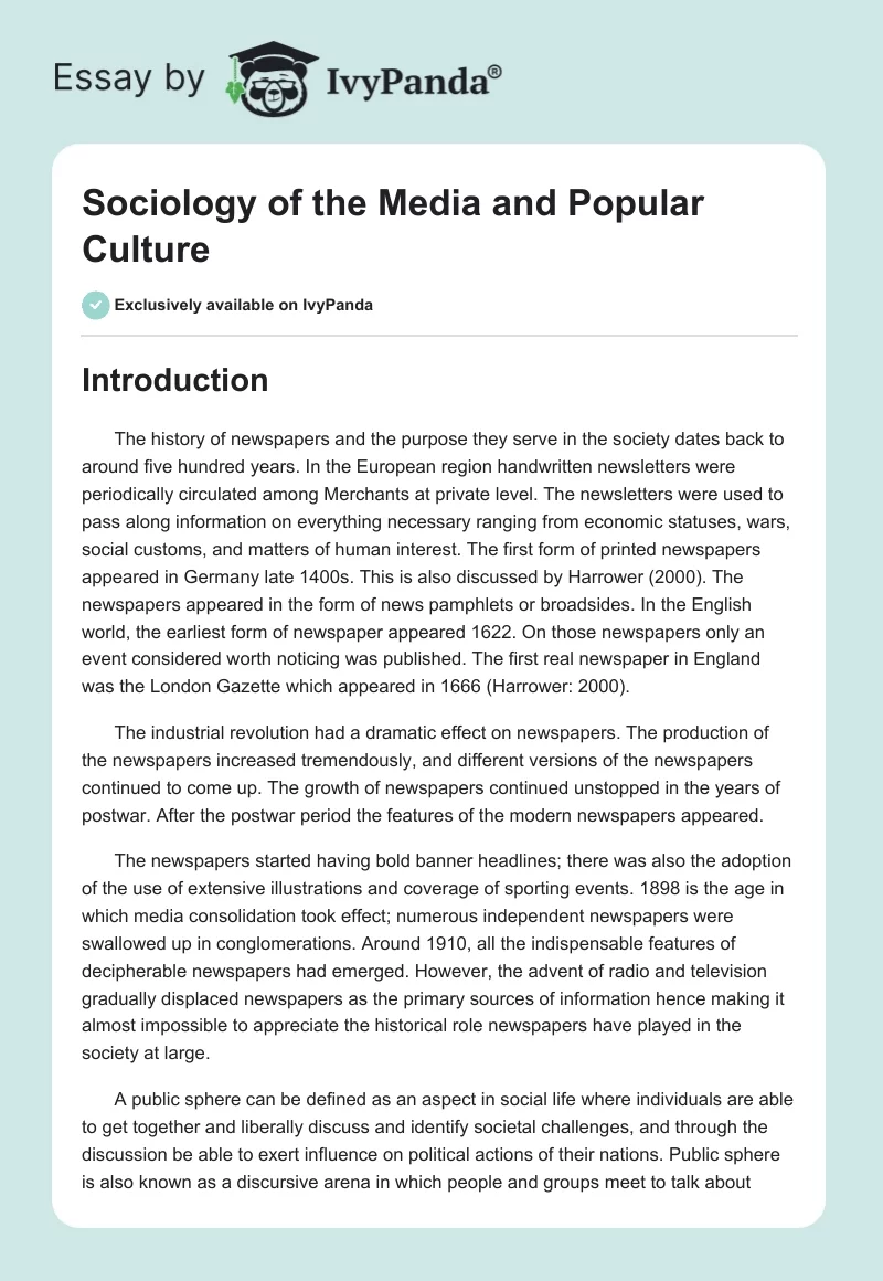 Sociology of the Media and Popular Culture. Page 1