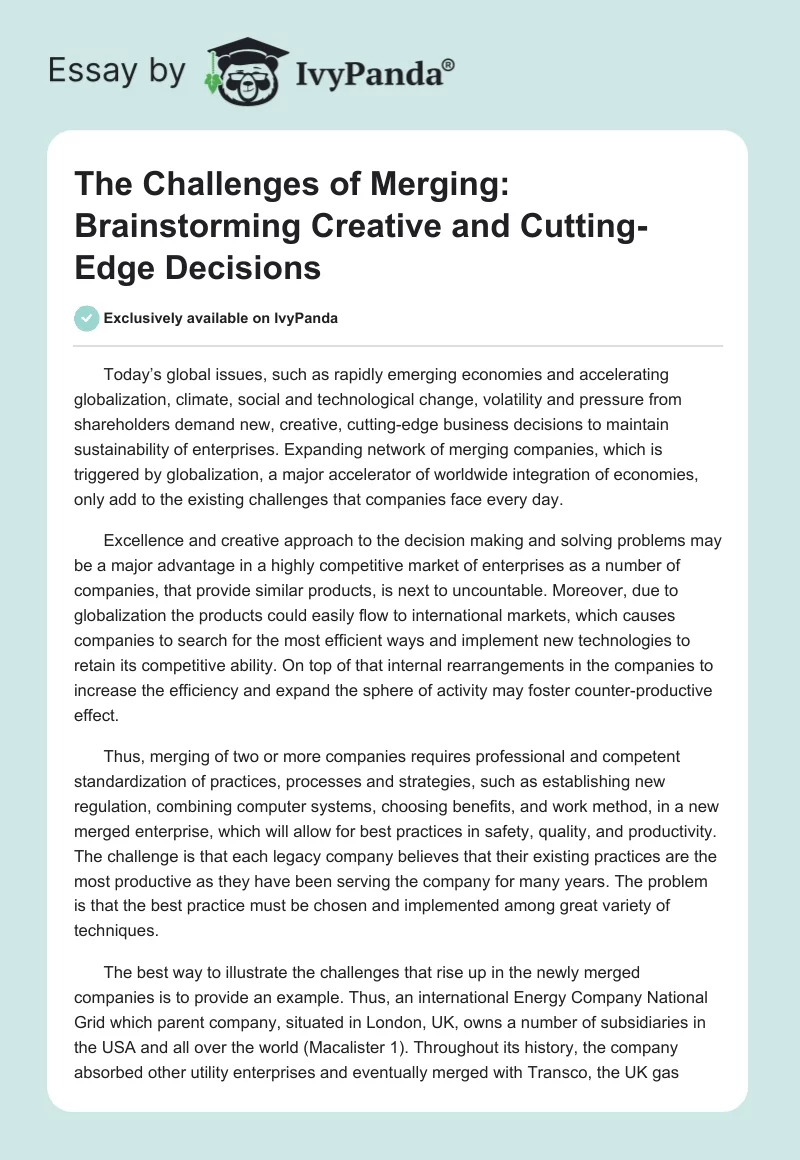 The Challenges of Merging: Brainstorming Creative and Cutting-Edge Decisions. Page 1