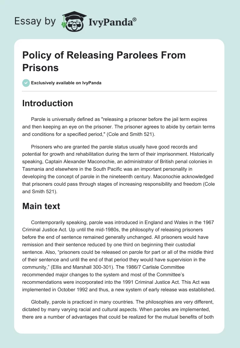 Policy of Releasing Parolees From Prisons. Page 1