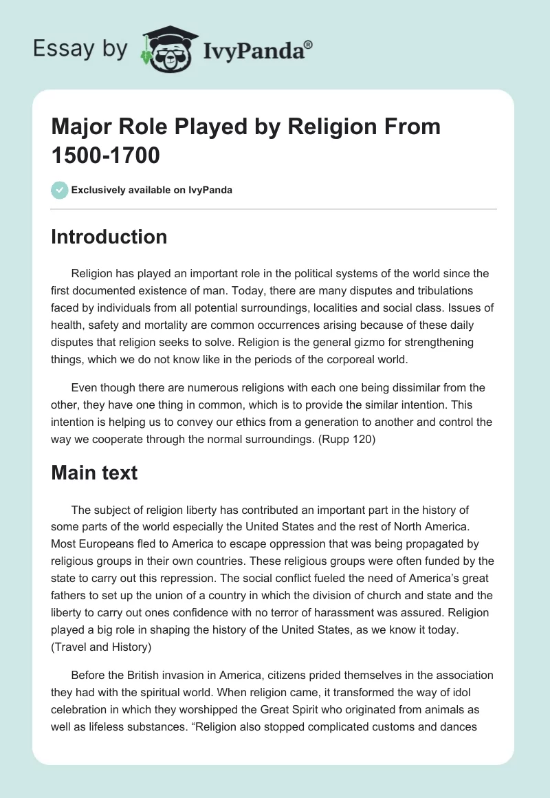Major Role Played by Religion From 1500-1700. Page 1