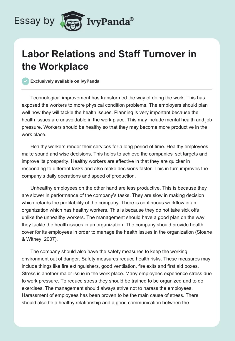 Labor Relations and Staff Turnover in the Workplace. Page 1
