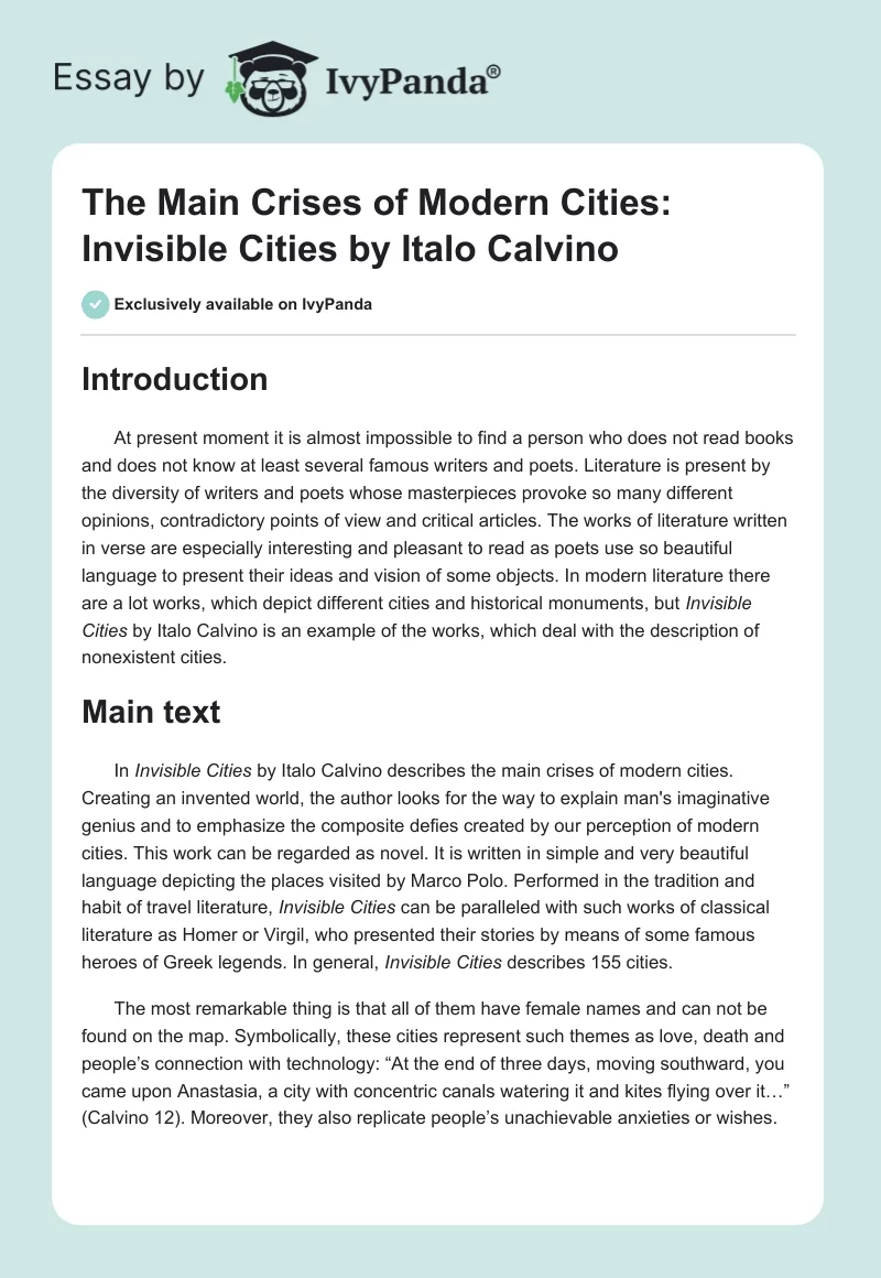 The Main Crises of Modern Cities: "Invisible Cities" by Italo Calvino. Page 1