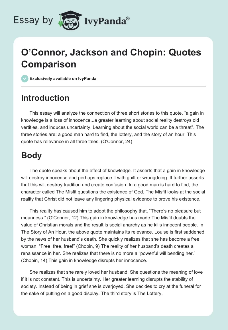 O’Connor, Jackson and Chopin: Quotes Comparison. Page 1