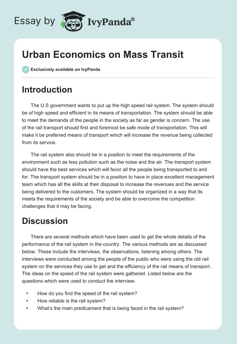Urban Economics on Mass Transit. Page 1