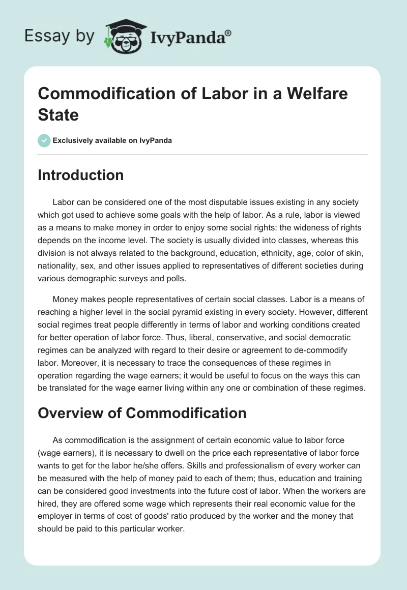 Commodification of Labor in a Welfare State. Page 1