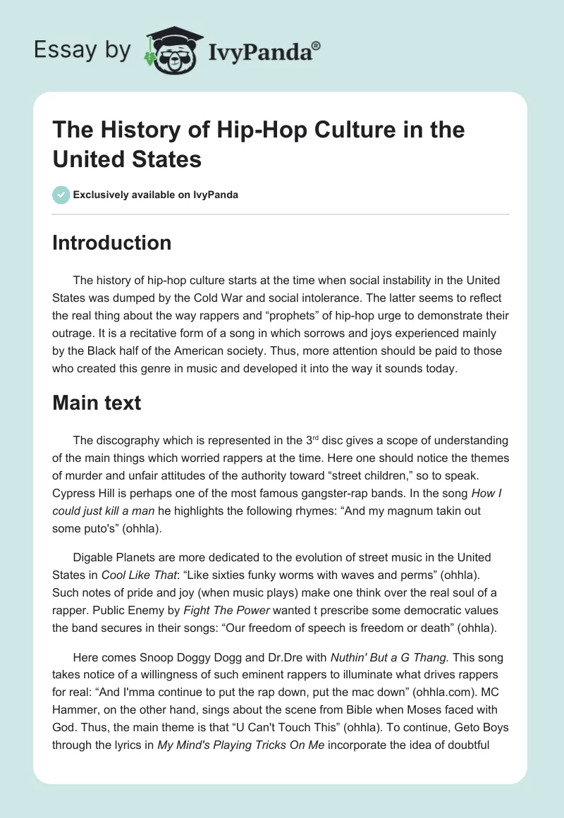 The History of Hip-Hop Culture in the United States. Page 1
