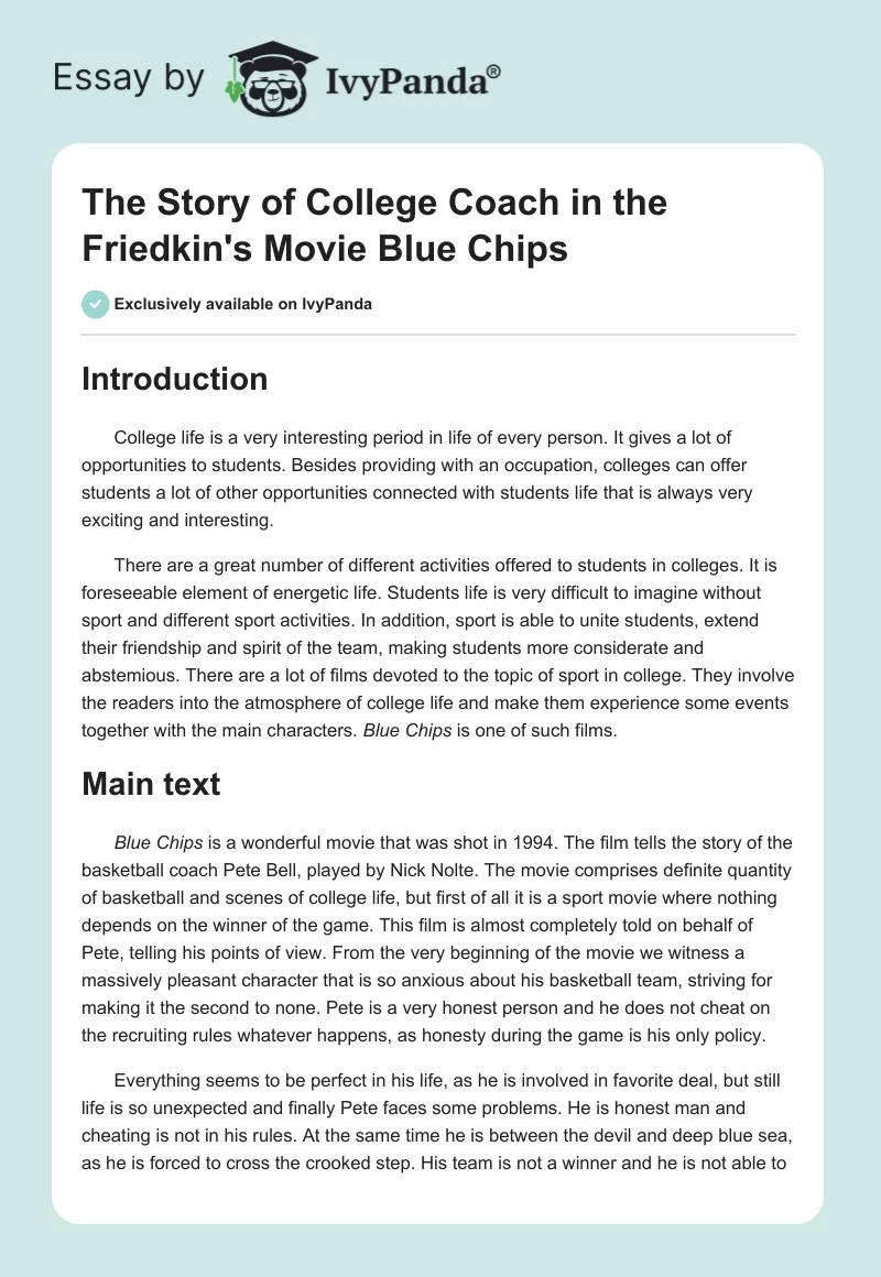 The Story of College Coach in the Friedkin's Movie "Blue Chips". Page 1