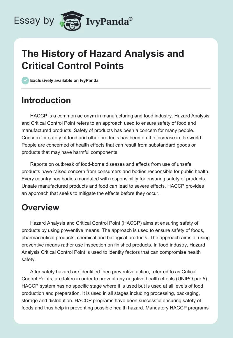 The History of Hazard Analysis and Critical Control Points. Page 1