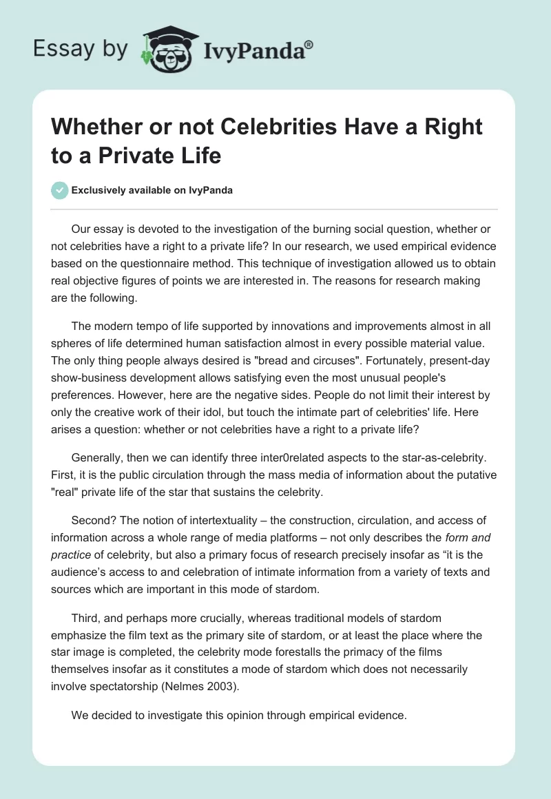 Whether or not Celebrities Have a Right to a Private Life. Page 1