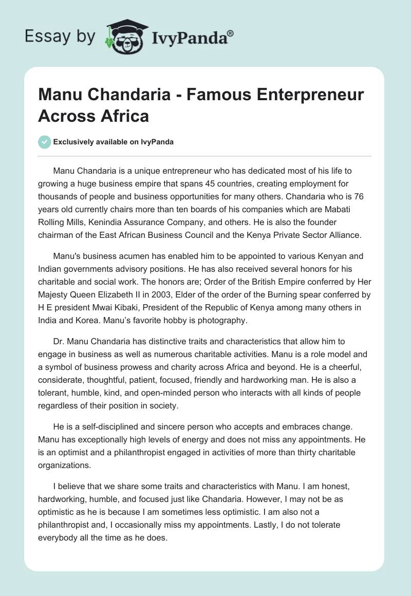 Manu Chandaria - Famous Enterpreneur Across Africa. Page 1