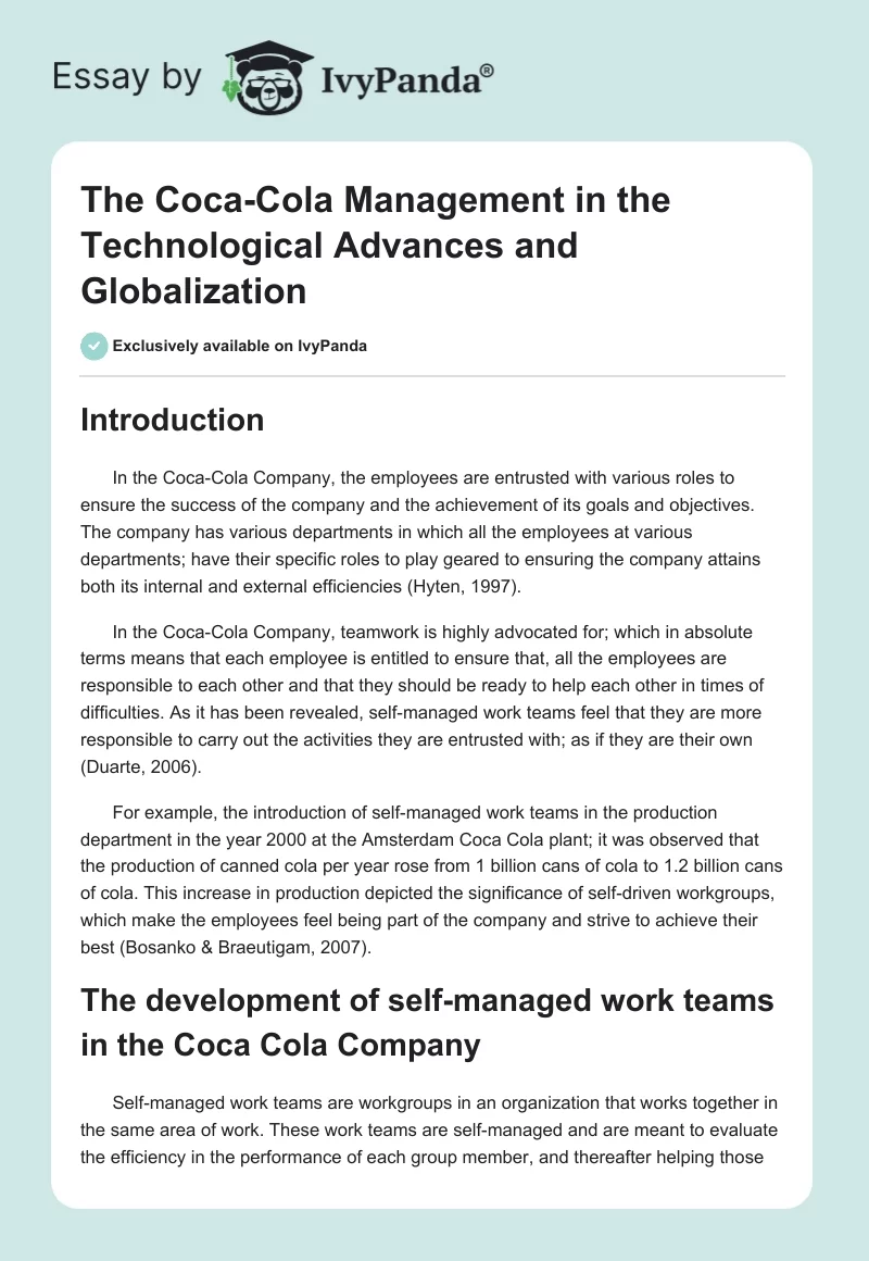 The Coca-Cola Management in the Technological Advances and Globalization. Page 1