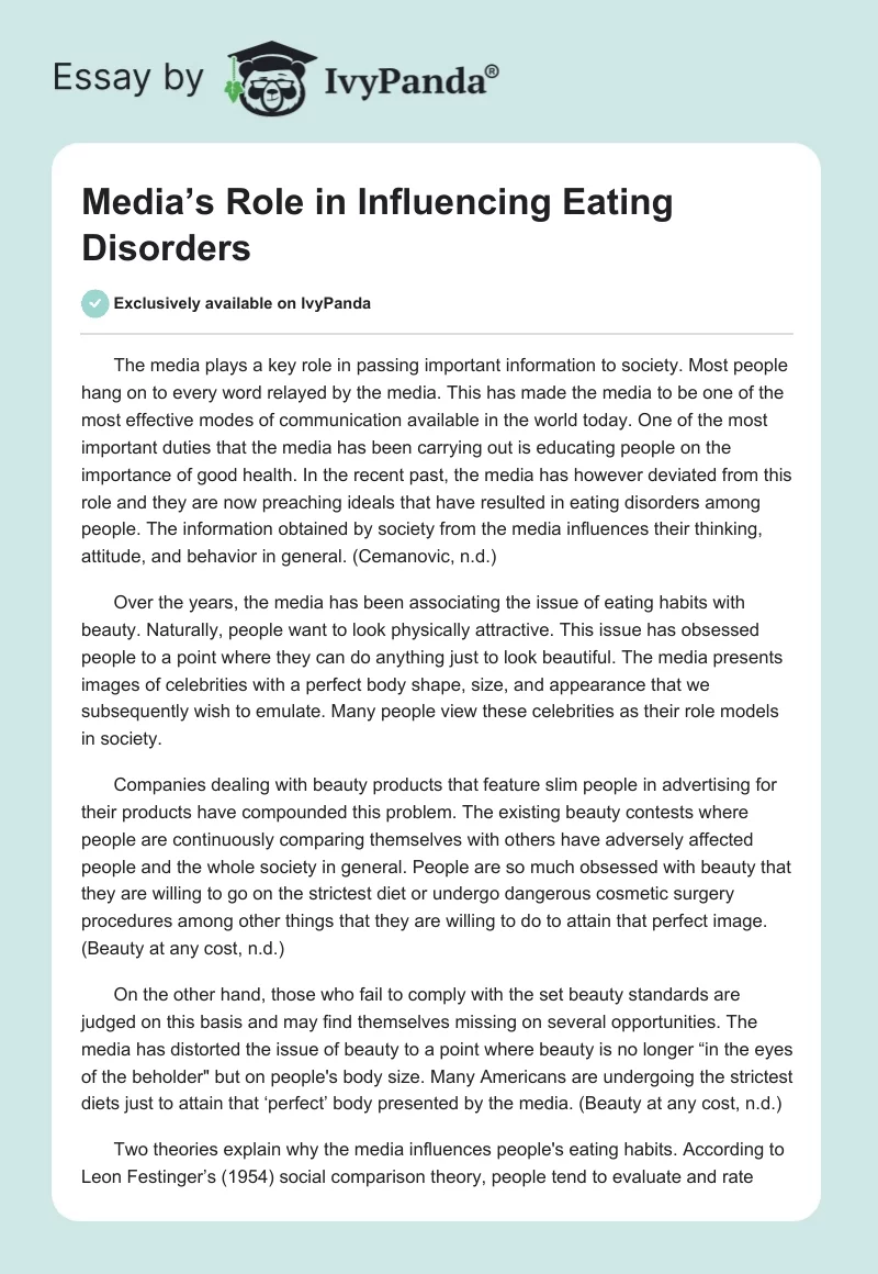 Media’s Role in Influencing Eating Disorders. Page 1