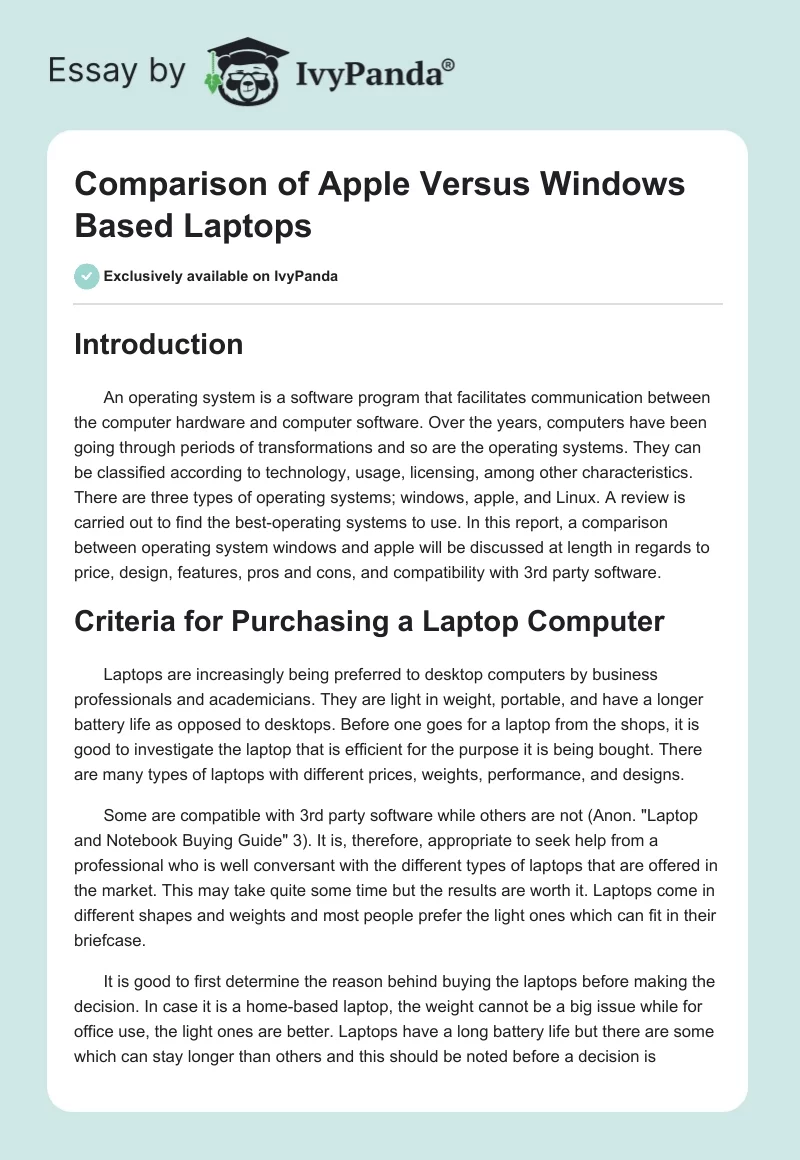 Comparison of Apple Versus Windows Based Laptops. Page 1
