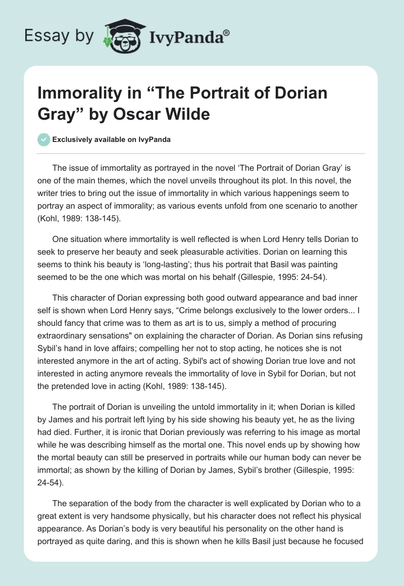 Immorality in “The Portrait of Dorian Gray” by Oscar Wilde. Page 1