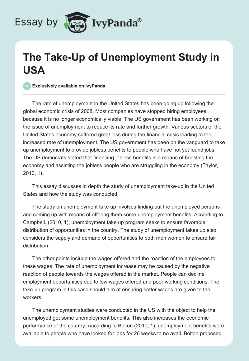 The Take-Up of Unemployment Study in USA. Page 1