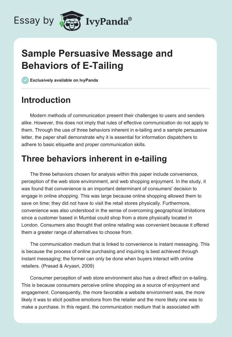 Sample Persuasive Message and Behaviors of E-Tailing. Page 1