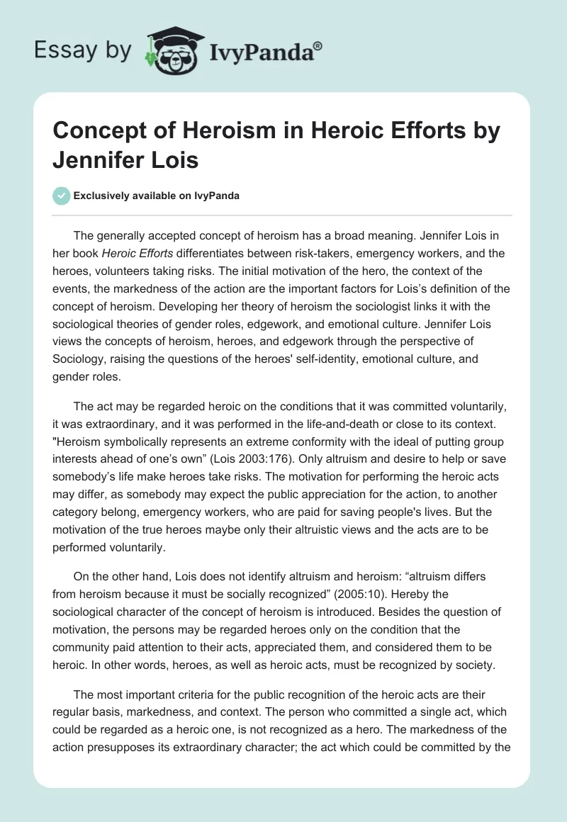 Concept of Heroism in Heroic Efforts by Jennifer Lois. Page 1