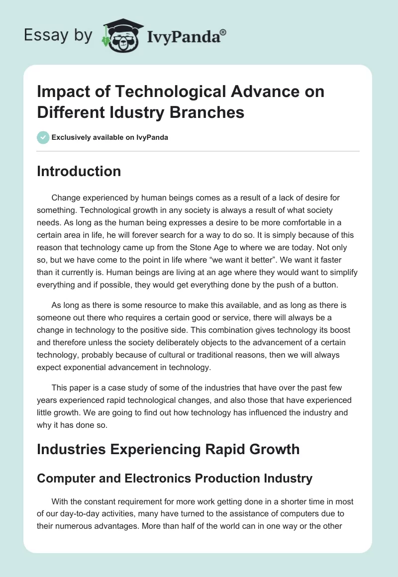 Impact of Technological Advance on Different Idustry Branches. Page 1
