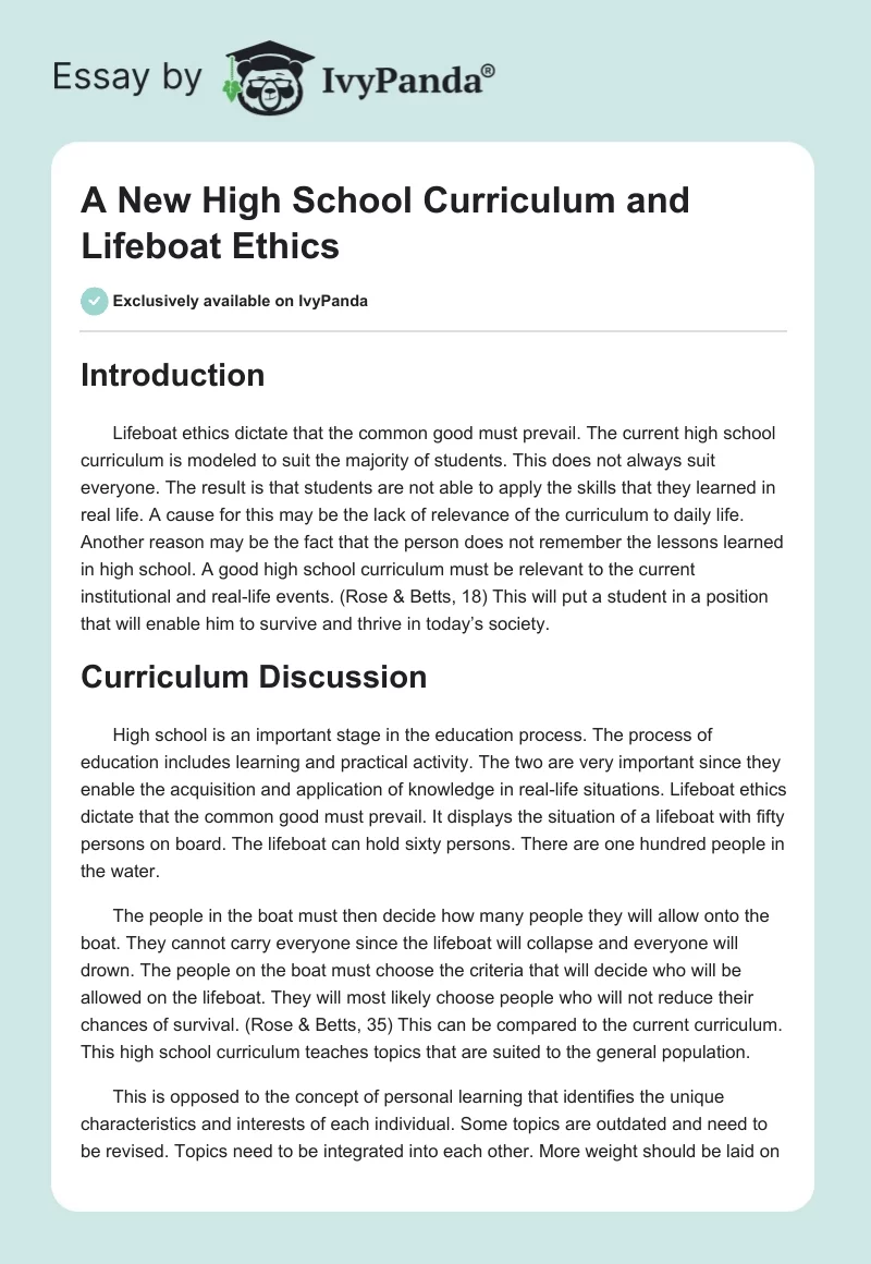 A New High School Curriculum and Lifeboat Ethics. Page 1