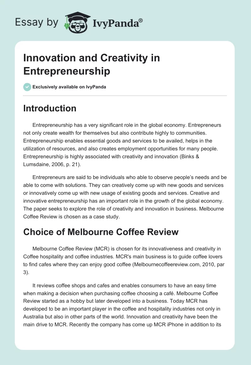 Innovation and Creativity in Entrepreneurship. Page 1