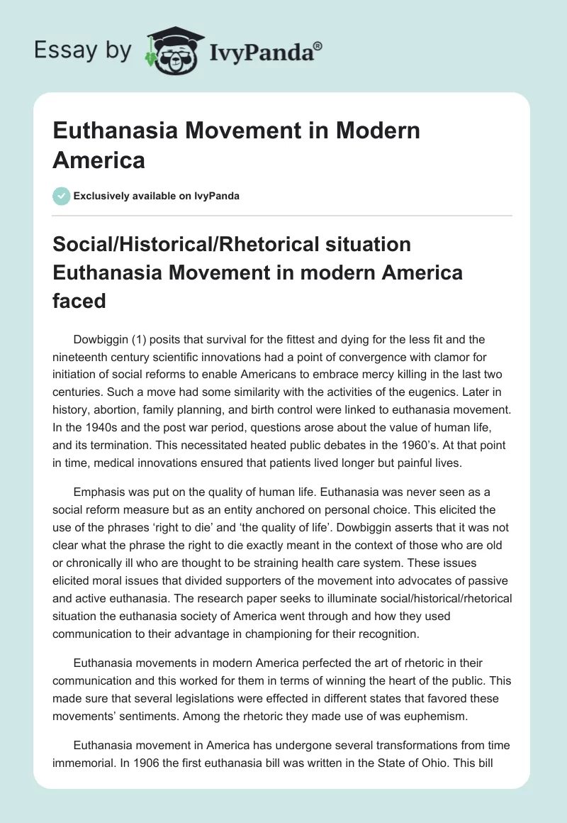 Euthanasia Movement in Modern America. Page 1