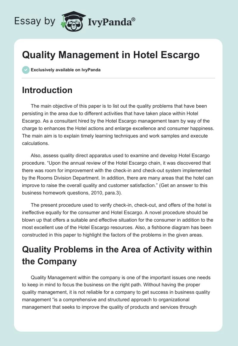 Quality Management in Hotel Escargo. Page 1