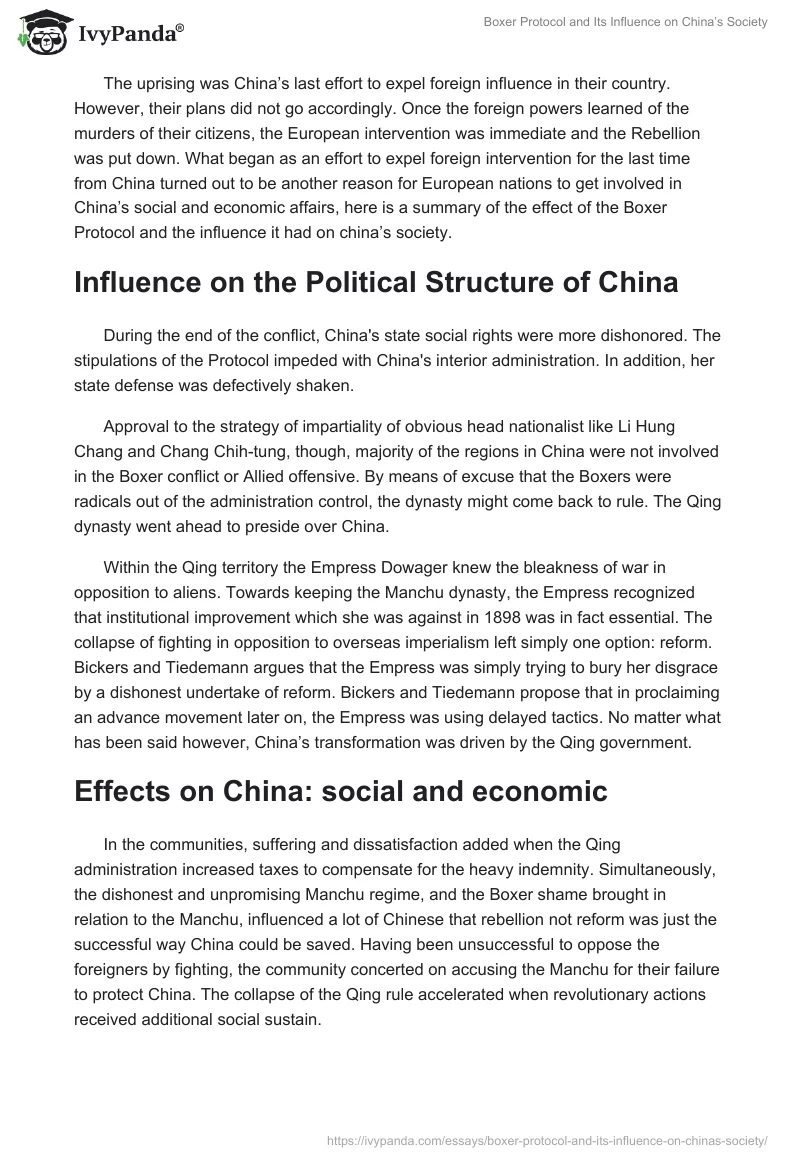 Boxer Protocol and Its Influence on China’s Society. Page 2