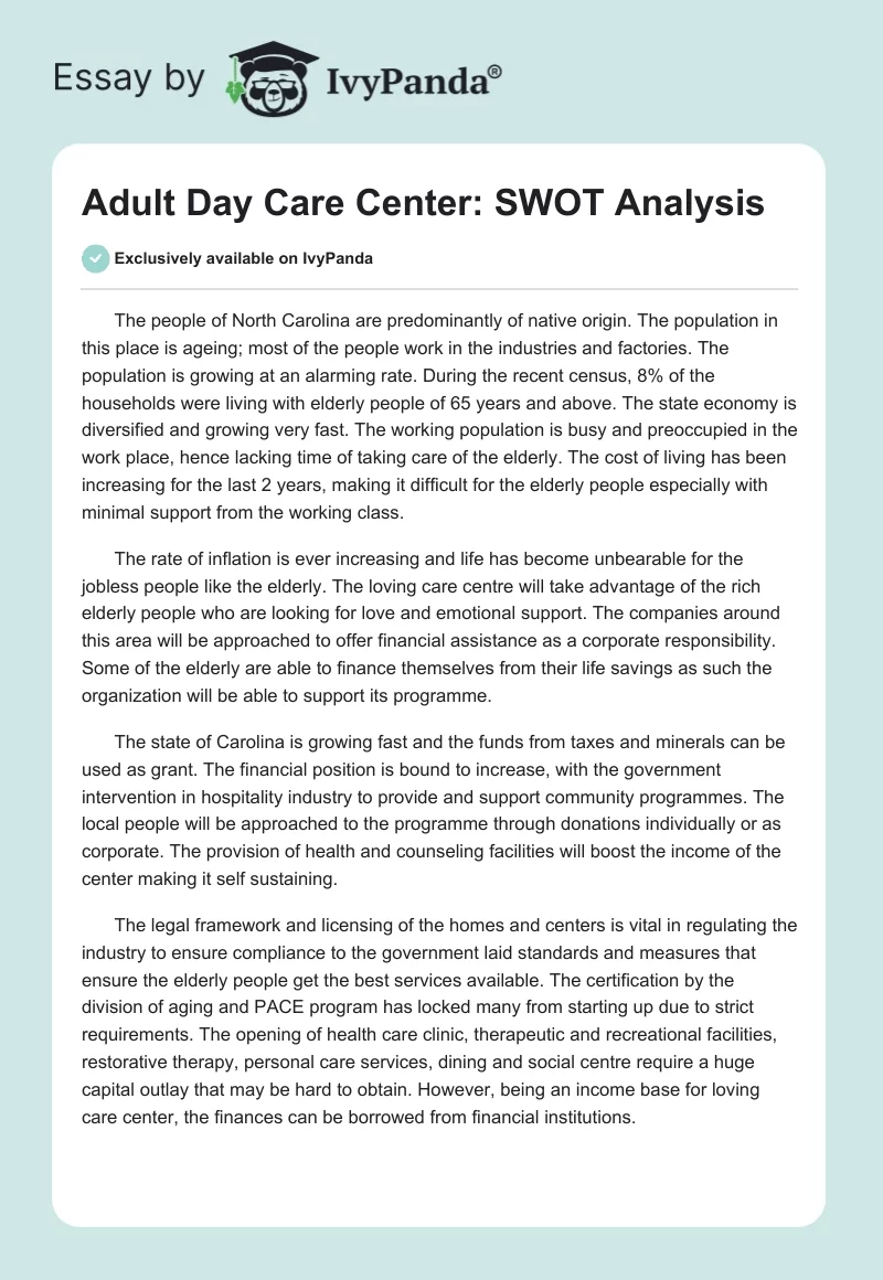 Adult Day Care Center: SWOT Analysis. Page 1