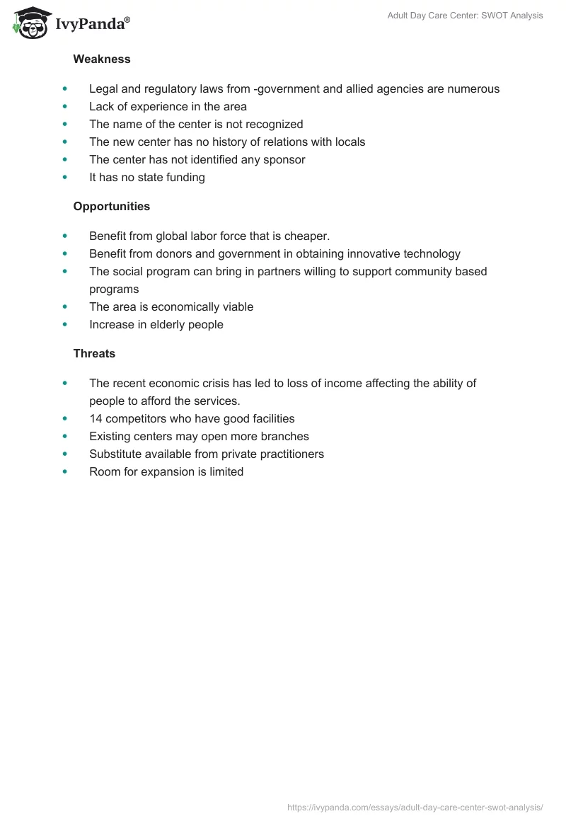 Adult Day Care Center: SWOT Analysis. Page 5