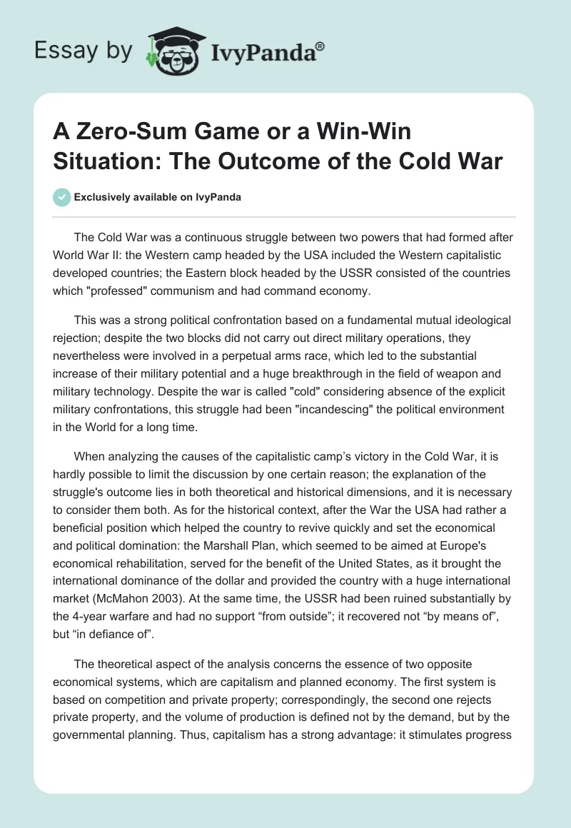A Zero-Sum Game or a Win-Win Situation: The Outcome of the Cold War. Page 1